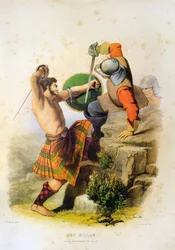 Guerriero scozzese Mac Millan che combatte in kilt e a piedi nudi con la spada - Litografia di Robert Ronald McIan da "The Clans of The Scottish Highlands" 1845