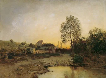 Paesaggio con stagno e fattorie