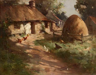 Galline vicino a un pagliaio