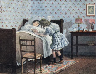 Una bambina al capezzale della madre malata attende la sua guerra. Illustrazione di Robert Salles in Je sais Lire