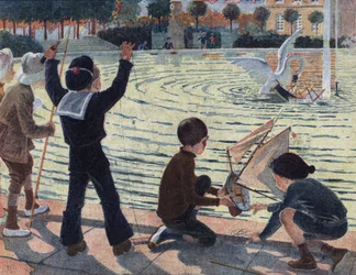 Un cigno attacca la barca di un bambino che giocava nello stagno di un parco con i suoi compagni. Illustrazione di Robert Salles (1871-1929) in “Je sais Lire”