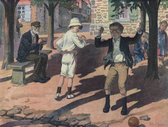 Un ragazzo si arrabbia durante un gioco con i suoi compagni (cattivo giocatore). Illustrazione di Robert Salles (1871-1929) in “Je sais Lire”.