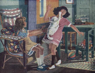 Il gattino di Annette: un gatto bianco graffia il viso di una bambina che gioca con la sua amica. Illustrazione di Robert Salles (1871-1929) in “Je sais Lire”.