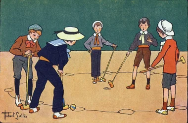 Palla per ore (gioco di abilità con palle e mazze). Incisione in "A cosa giochiamo?" di E. Weber con disegni ad acquerello di Robert Salles (1871-1929). Librairie Garnier Freres, Parigi