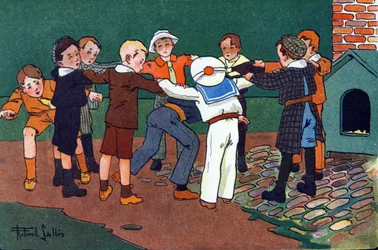 Gatto e topo. Incisione in "A cosa giochiamo?" di E. Weber con disegni ad acquerello di Robert Salles (1871-1929). Librairie Garnier Freres, Parigi