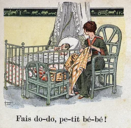 Libro per bambini Io leggerò - Alfabeto metodico e divertente di un papà 1926. Illustrazione di Robert Salles. Dormi, bambino! Una madre cuce nella stanza del suo bambino aspettando che si addormenti