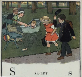 Libro per bambini Io leggerò - Alfabeto metodico e divertente di un papà 1926. Illustrazione di Robert Salles. Abecedario: lettera S come Saluto. Un ragazzo saluta una coppia e il loro bambino sollevando il cappello