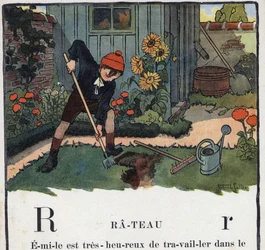 Libro per bambini Io leggerò - Alfabeto metodico e divertente di un papà 1926. Illustrazione di Robert Salles. Abecedario: lettera R come Rastrello. Un ragazzo nel giardino della sua casa