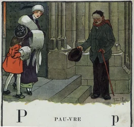 Libro per bambini Io leggerò - Alfabeto metodico e divertente di un papà 1926. Illustrazione di Robert Salles. Abecedario: lettera P come Povero. Un mendicante chiede l