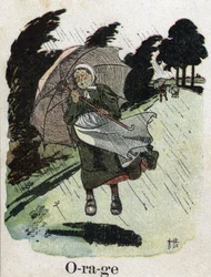 Libro per bambini “Leggerò - Alfabeto metodico e divertente di un papà” 1926. Illustrazione di Robert Salles (1871-1929). “Tempesta”: una donna sotto la pioggia si ripara con il suo ombrello.