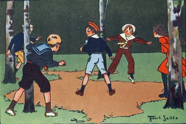 Quattro angoli. Incisione in "A cosa giochiamo?" di E. Weber con disegni ad acquerello di Robert Salles (1871-1929). Libreria Garnier Freres, Parigi
