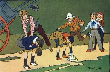 Salto della pecora. Incisione in "A cosa giochiamo?" di E. Weber con disegni ad acquerello di Robert Salles (1871-1929). Librairie Garnier Freres, Parigi.