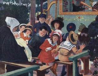 Spettacolo di burattini: bambini nel teatro dei burattini disturbati da un bambino che piange. Illustrazione di Robert Salles (1871-1929) in "Je sais Lire"