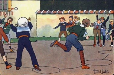 La palla al campo (o palla prigioniera o palla cacciatore). Incisione in "A cosa giochiamo?" di E. Weber con disegni ad acquerello di Robert Salles (1871-1929). Librairie Garnier Freres, Parigi