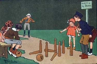 La pista da bowling. Incisione in "A cosa giochiamo?" di E. Weber con disegni ad acquerello di Robert Salles (1871-1929). Libreria Garnier Freres, Parigi