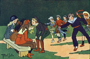 Il gymkhana (percorso su un circuito di prova con arbitri). Incisione in "A cosa giochiamo?" di E. Weber con disegni ad acquerello di Robert Salles (1871-1929). Librairie Garnier Freres, Parigi.