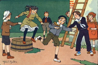 La madre con le marmellate. Incisione in "A cosa giochiamo?" di E. Weber con disegni ad acquerello di Robert Salles (1871-1929). Librairie Garnier Freres, Parigi.