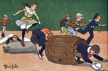 La corsa ad ostacoli. Incisione in "A cosa giochiamo?" di E. Weber con disegni ad acquerello di Robert Salles (1871-1929). Librairie Garnier Freres, Parigi