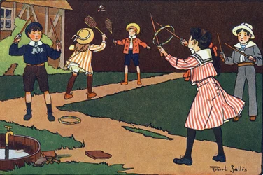 Il volano e le grazie. Incisione in "A cosa giochiamo?" di E. Weber con disegni ad acquerello di Robert Salles (1871-1929). Librairie Garnier Freres, Parigi