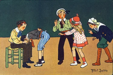 La mano calda. Incisione in "A cosa giochiamo?" di E. Weber con disegni ad acquerello di Robert Salles (1871-1929). Libreria Garnier Freres, Parigi