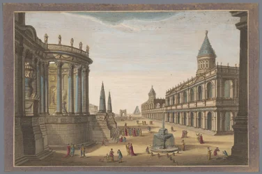Vista del Tempio di Vesta, la Piramide di Cestio e altri edifici a Roma