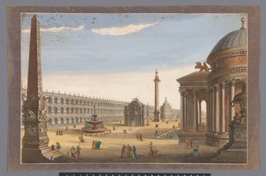 Veduta di un obelisco, un arco di trionfo, una colonna e altri edifici a Roma
