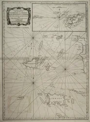 Carta generale delle isole di Guernsey e Jersey, Sark, Herm, Jethou e Alderney, con Cape la Hague e i Caskets