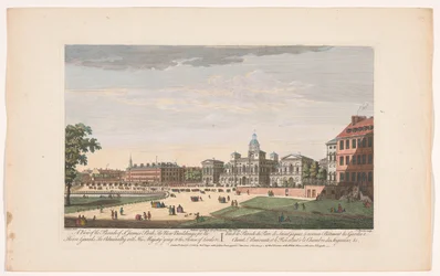 Veduta della Horse Guards Parade a Londra con la partenza di Giorgio II Augusto, re di Gran Bretagna, verso la Camera dei Lord