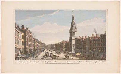 Vista della chiesa di Saint Mary-le-Bow sulla strada Cheapside a Londra