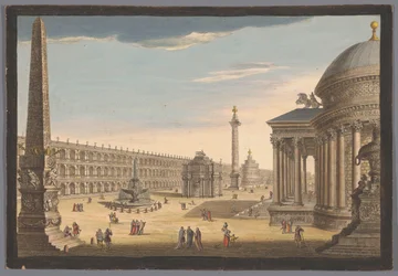 Veduta di un obelisco, un arco di trionfo, una colonna e altri edifici a Roma