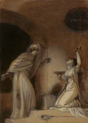 Illustrazione per un romanzo orientale, possibilmente "Le mille e una notte", con figura femminile inginocchiata a destra