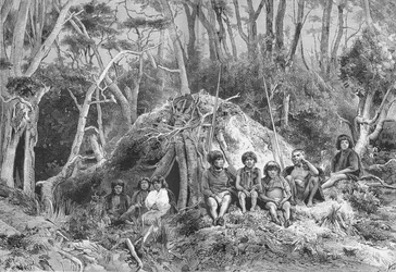 Fuegini e le loro capanne, c. 1885, 1890