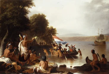 Sbarco di Henry Hudson, 1608 a Verplanck Point, vicino a Peekskill, New York