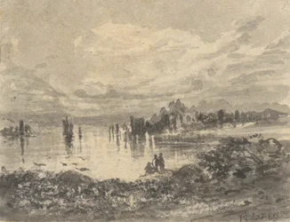 Veduta di lago e montagne con figure