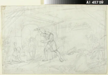 Oreficeria, bozzetto per una serie di cartoni animati a tema Kalevala ; Prove per il personaggio Ilmarinen sulla poule anteriore (lavoro a doppia faccia)