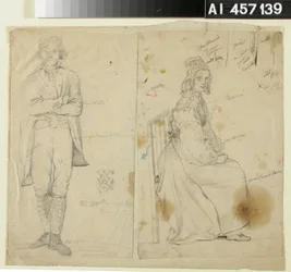 Uomo con le braccia conserte e donna in costume nazionale