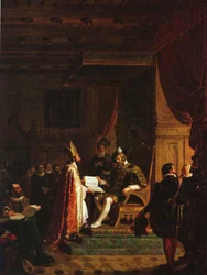 Mikael Agricola presenta il NT finlandese al re Gustavo Vasa