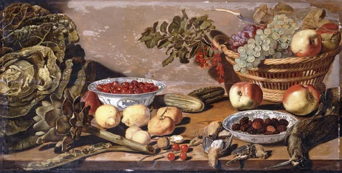 Ciotole di Ciliegie e More, un Cesto di Uva, Mele e Ribes Rosso, un Cavolo, Carciofo, Limoni, Cetriolini, Noci, Altra Frutta, Beccacce e Tordi Morti su un Tavolo