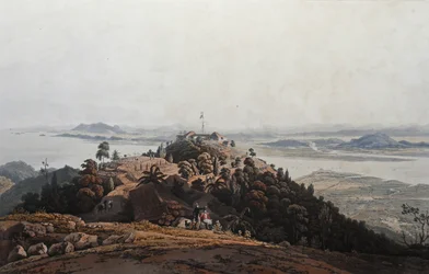 Vista dal bungalow dei convalescenti, Isola del Principe di Wale (sic), 1820 circa (acquatinta colorata)