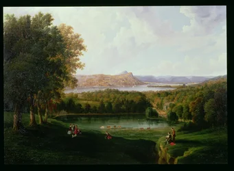 Vista da Tarrytown del fiume Hudson, Chiesa Vecchia Olandese e Beckham Manor, 1866