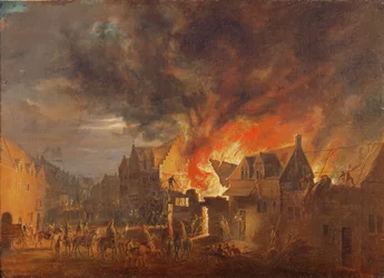 Bruxelles in fiamme, con il governatore arciduca Leopoldo Guglielmo che osserva (olio su tela)