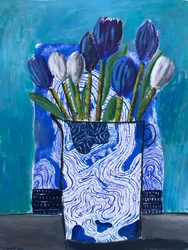 Tulipani bianchi e blu, 2022 circa (olio su serigrafia su carta)