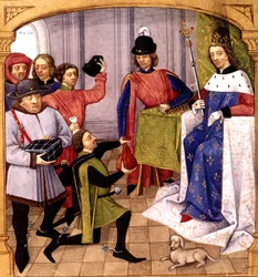 Il re di Francia Filippo V (1293-1322) riceve le tasse, illuminazione di Robinet Testard da "Grandes chroniques de France" 1471