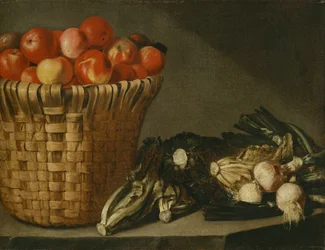 Cesto di frutta, cavolo, bietola e cipolle