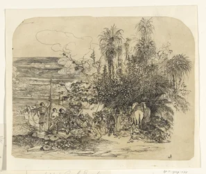 Paesaggio con un gruppo di orientali a riposo con i loro cavalli e cammelli