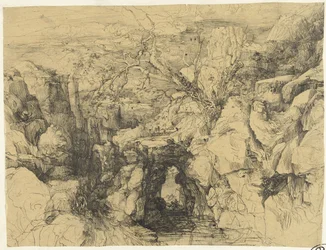 Paesaggio con rocce e ponte di pietra su un torrente di montagna