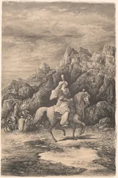 Cavallerizza orientale in un paesaggio montano desolato