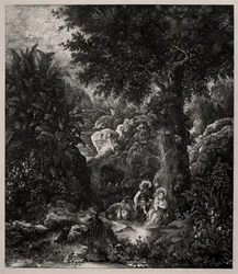 Riposo durante la fuga in Egitto con un asino sellato