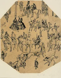 Foglio di schizzi: Segugi, cavalieri, dame. Elementi architettonici, insetti