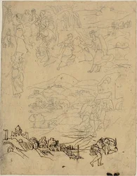 Schizzi di scene bibliche, città sul lago, villaggio di montagna, guerriero